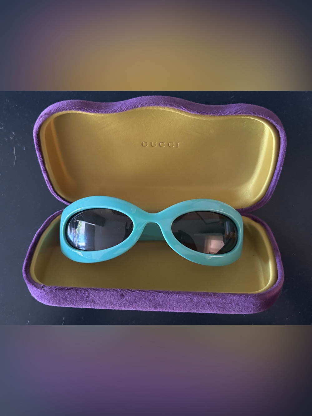 Gucci Turquoise Oval Sunglasses with Purple and Gold Case